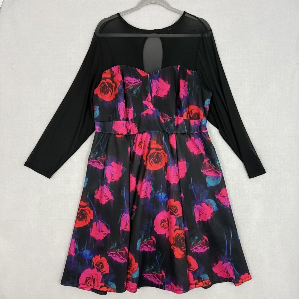 Torrid Dress Women's 2X Mini Scuba Illusion Neck Pockets Rose Print‎ Corset Back
